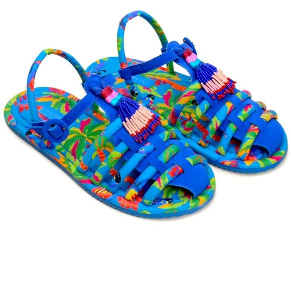 NWT FARM RIO BLUE MACAW TUB STRAP TASSLE SANDALS BEADED - Picture 1 of 7